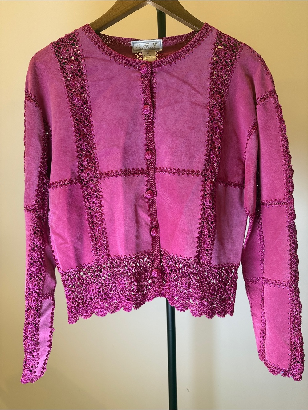 S.M.H. Boutique Vintage Pink Suede Leather Crochet Patchwork Jacket Medium